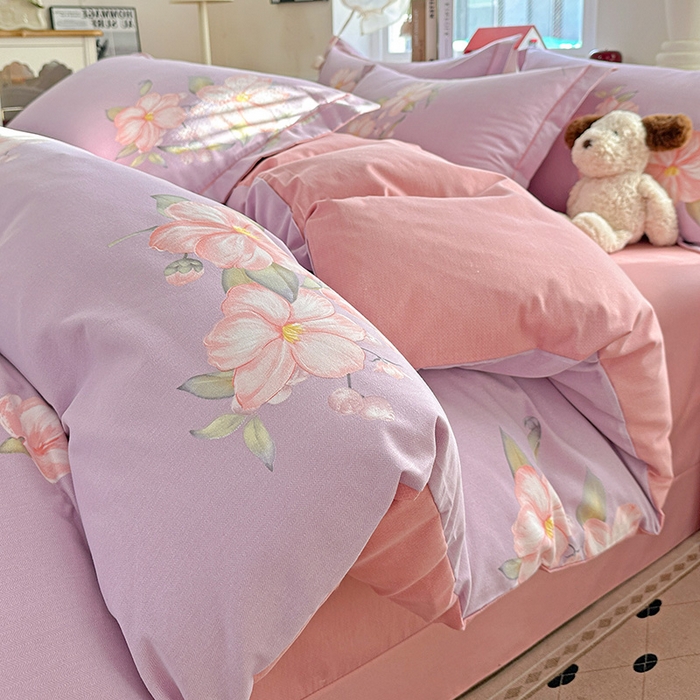 优选直播新款全棉磨毛喷气印花四件套加厚纯棉三件套（一字绣工艺款）学生三件套 紫韵