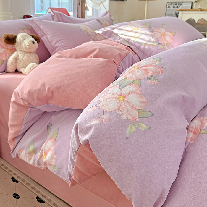 91家纺网 家纺一手货源 找家纺 优选直播新款全棉磨毛喷气印花四件套加厚纯棉三件套（一字绣工艺款）学生三件套 紫韵