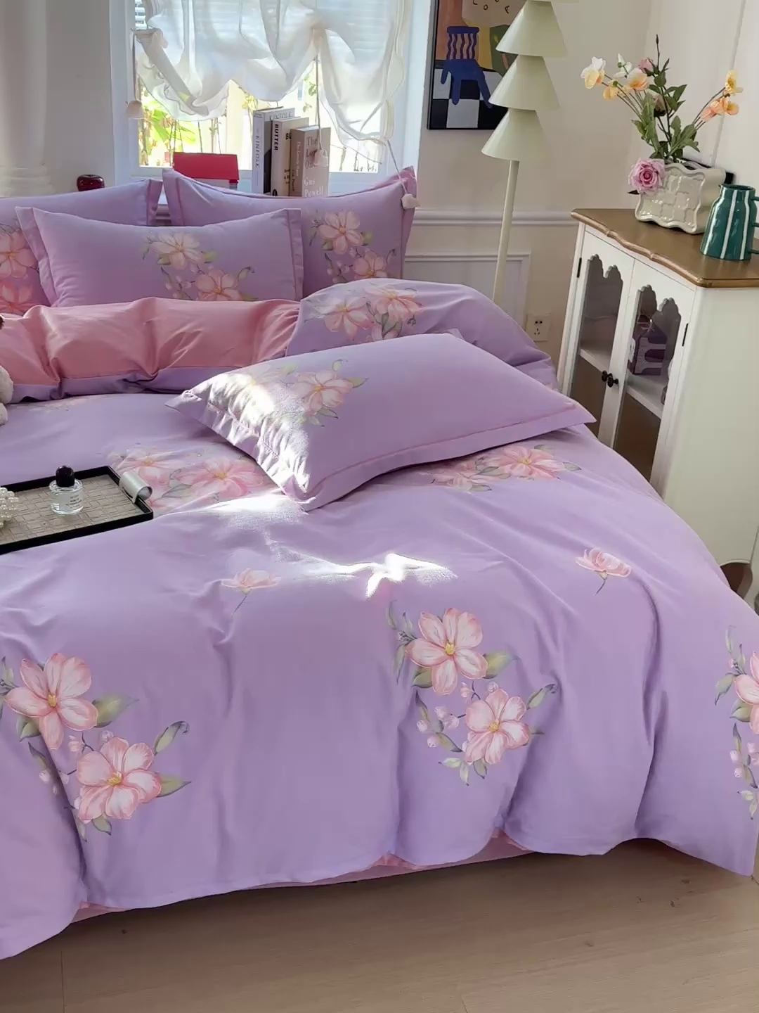 91家纺网 家纺一手货源 找家纺 优选直播新款全棉磨毛喷气印花四件套加厚纯棉三件套（一字绣工艺款）学生三件套 紫韵