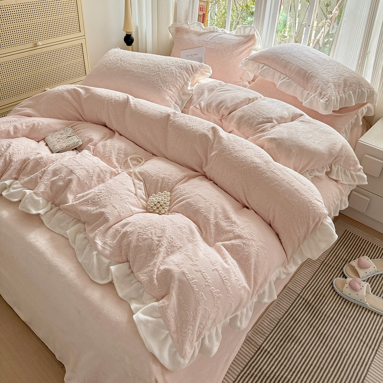 （总）耀悦家纺 2025新款A类全消光牛奶绒花边款四件套少女心三件套-浪漫法式