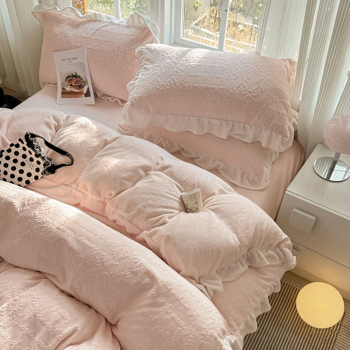 91家纺网 家纺一手货源 找家纺 （总）耀悦家纺 2025新款A类全消光牛奶绒花边款四件套少女心三件套-浪漫法式