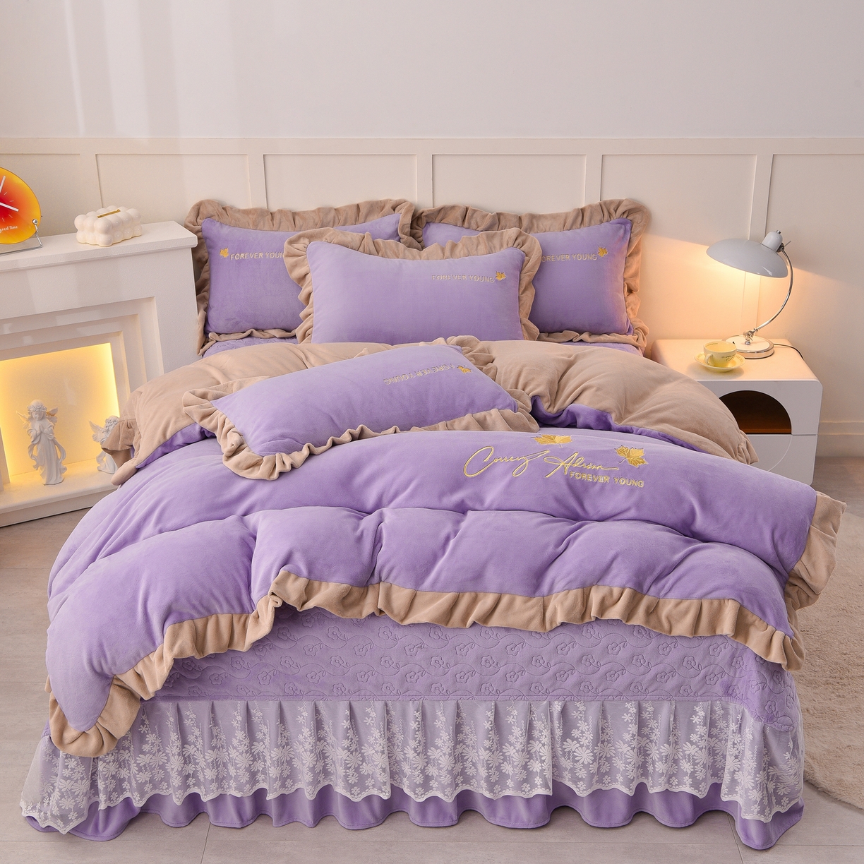 91家纺网 家纺一手货源 找家纺 湘雪家居  2025新款高克重纯色刺绣牛奶绒床盖款钟爱系列四件套-提供买家秀 钟爱款-熏韵紫