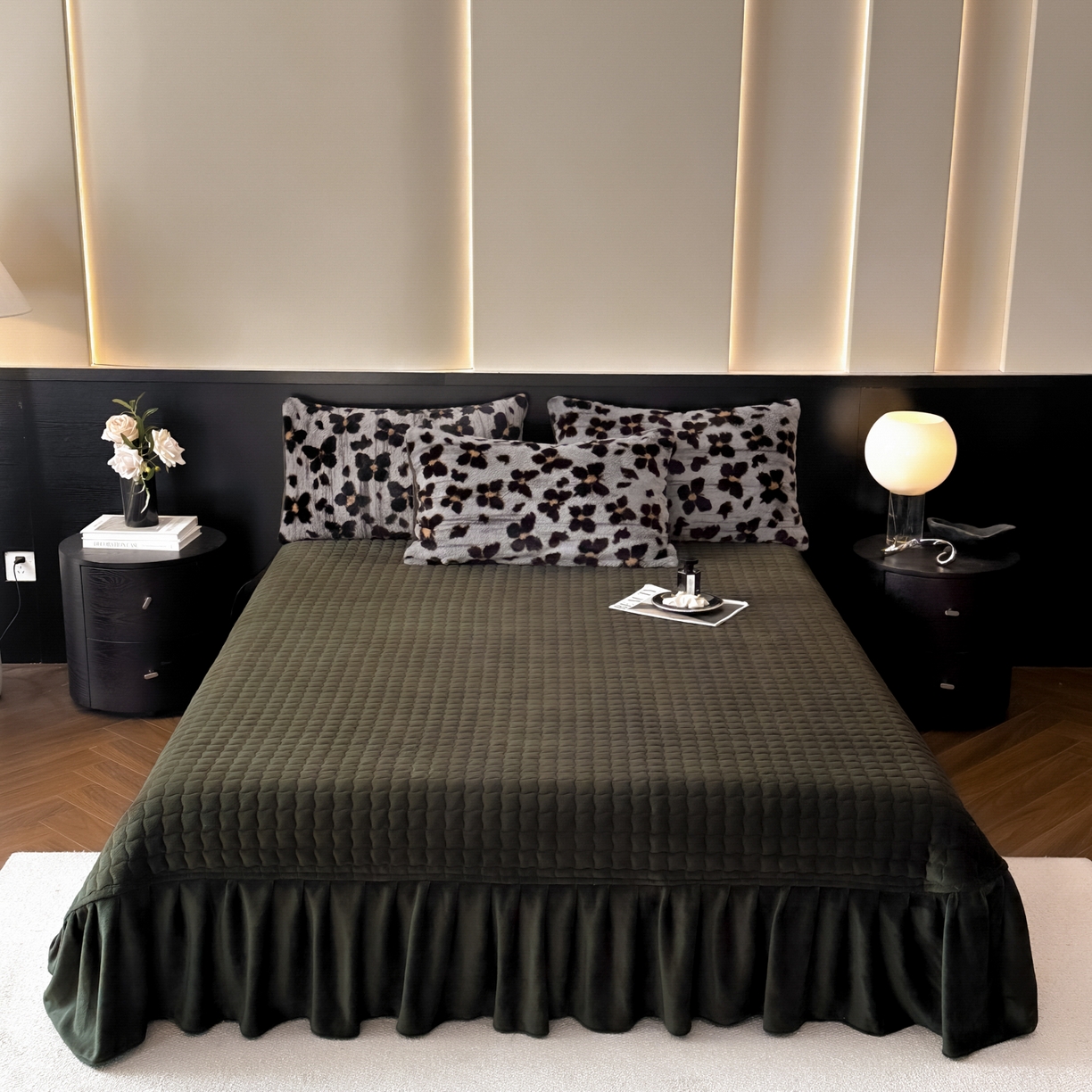 91家纺网 家纺一手货源 找家纺 金阳光家纺 2025新款美拉德高克重兔绒牛奶绒床盖款四件套 蝴蝶豹纹灰