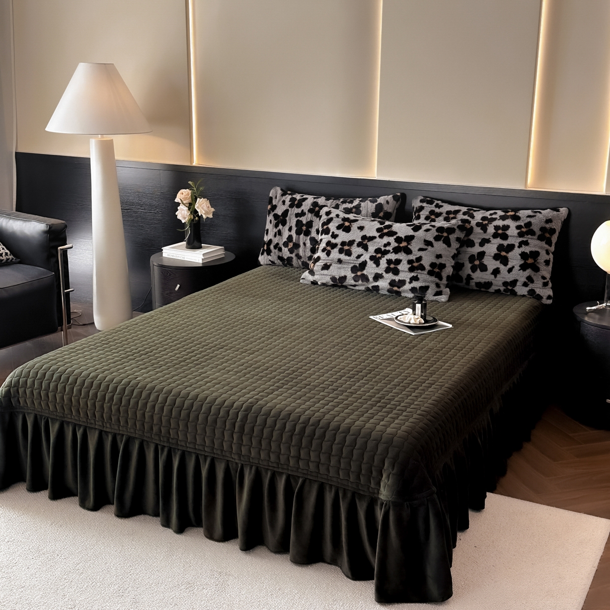 91家纺网 家纺一手货源 找家纺 金阳光家纺 2025新款美拉德高克重兔绒牛奶绒床盖款四件套 蝴蝶豹纹灰