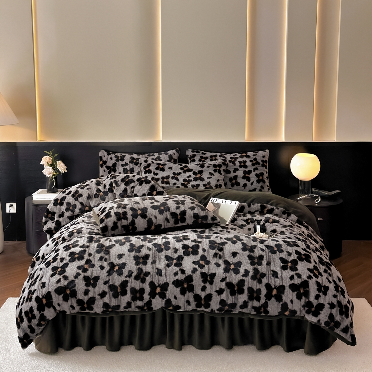 91家纺网 家纺一手货源 找家纺 金阳光家纺 2025新款美拉德高克重兔绒牛奶绒床盖款四件套 蝴蝶豹纹灰