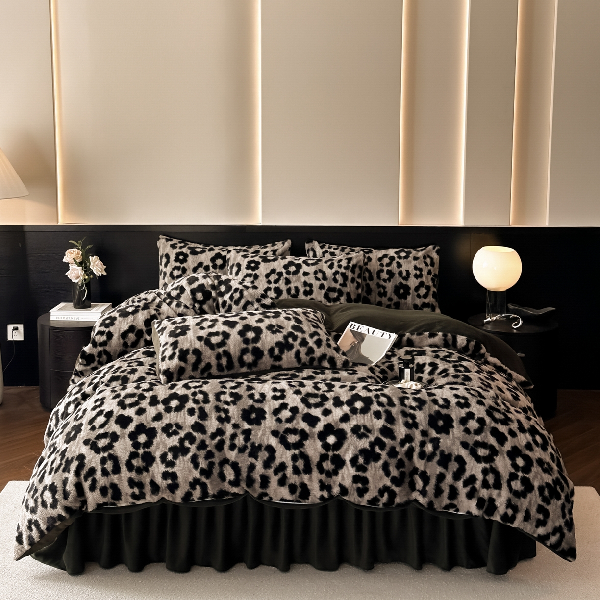 91家纺网 家纺一手货源 找家纺 金阳光家纺 2025新款美拉德高克重兔绒牛奶绒床盖款四件套 豹纹