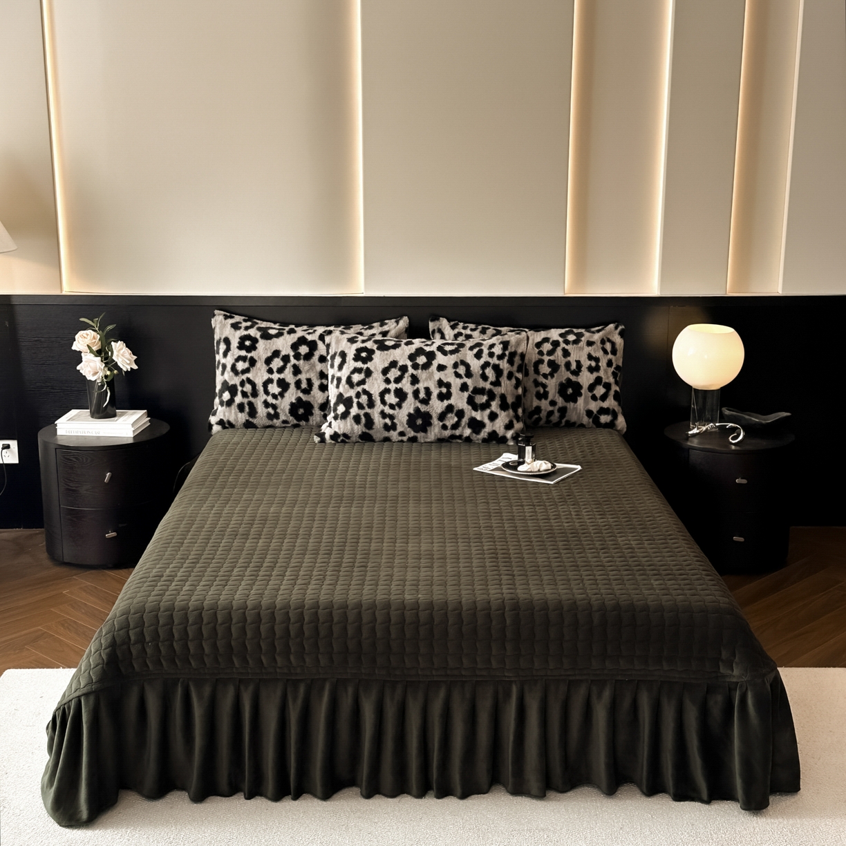 91家纺网 家纺一手货源 找家纺 金阳光家纺 2025新款美拉德高克重兔绒牛奶绒床盖款四件套 豹纹