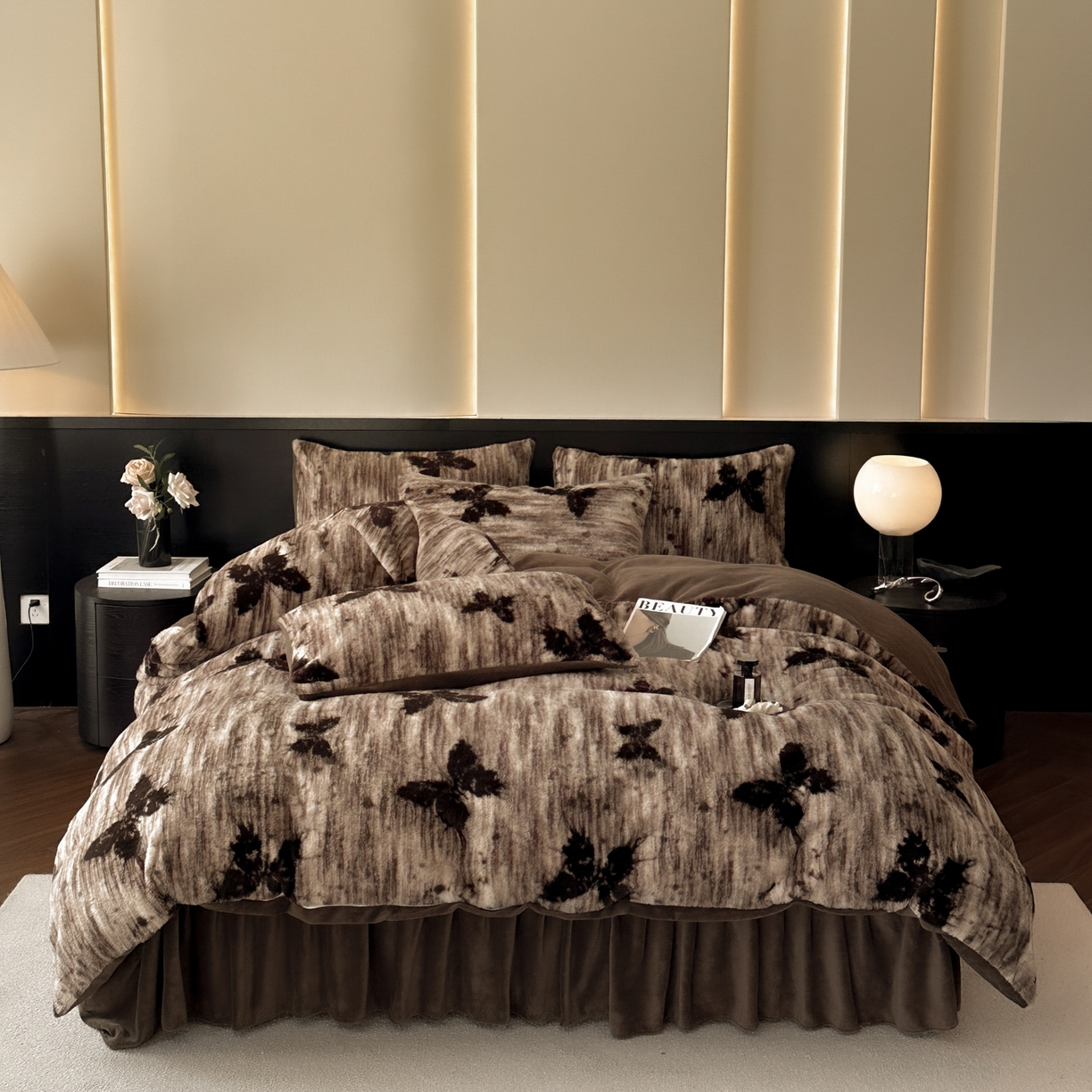 91家纺网 家纺一手货源 找家纺 金阳光家纺 2025新款美拉德高克重兔绒牛奶绒床盖款四件套 蝶舞卡其