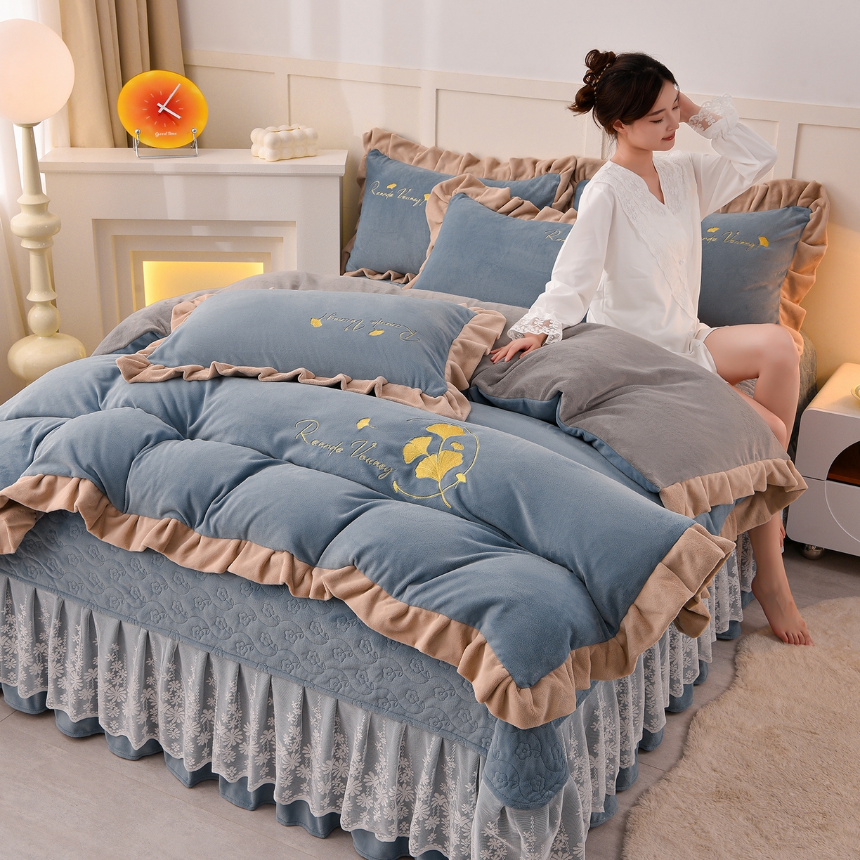 91家纺网 家纺一手货源 找家纺 （总）湘雪家居  2025新款高克重纯色刺绣牛奶绒床盖款星语系列四件套-提供买家秀