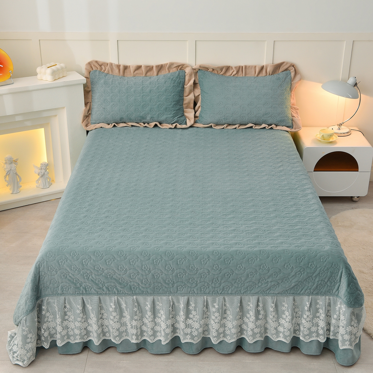 91家纺网 家纺一手货源 找家纺 湘雪家居  2025新款高克重纯色刺绣牛奶绒床盖款星语系列四件套-提供买家秀 星语款-草绿色