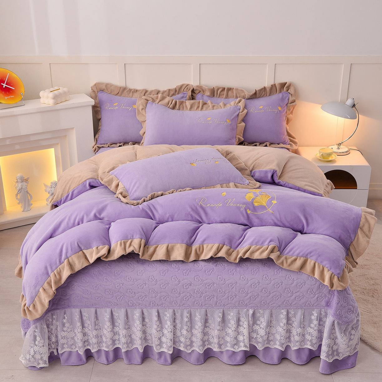 91家纺网 家纺一手货源 找家纺 湘雪家居  2025新款高克重纯色刺绣牛奶绒床盖款星语系列四件套-提供买家秀 星语款-熏韵紫