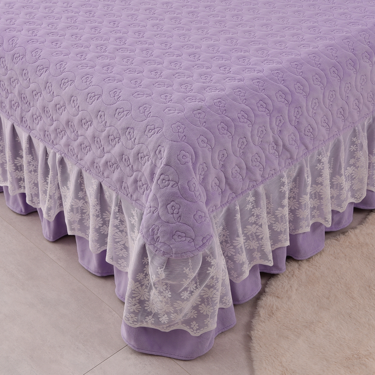 91家纺网 家纺一手货源 找家纺 湘雪家居  2025新款高克重纯色刺绣牛奶绒床盖款星语系列四件套-提供买家秀 星语款-熏韵紫