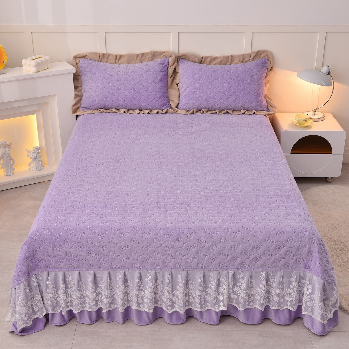 91家纺网 家纺一手货源 找家纺 湘雪家居  2025新款高克重纯色刺绣牛奶绒床盖款星语系列四件套-提供买家秀 星语款-熏韵紫