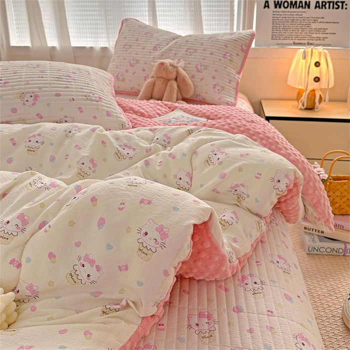 91家纺网 家纺一手货源 找家纺 繁花家居 2025新款床盖豆豆被套春秋被套冬被云感超软木棉被子被芯 简单款床盖-豆豆被-奇梦甜猫