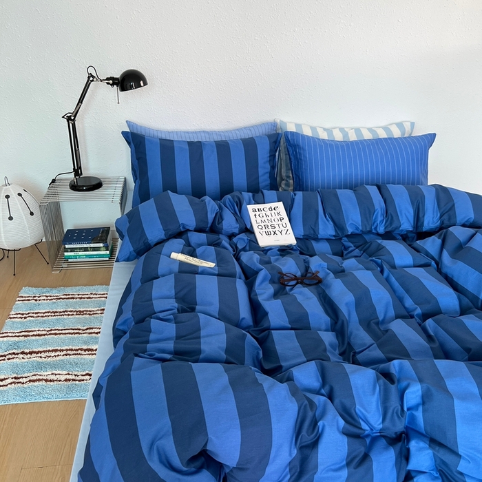 91家纺网 家纺一手货源 找家纺 （总）蜜宿 2025新款亲肤舒适混搭条纹全棉纯棉斜纹四件套-蓝调冰岛