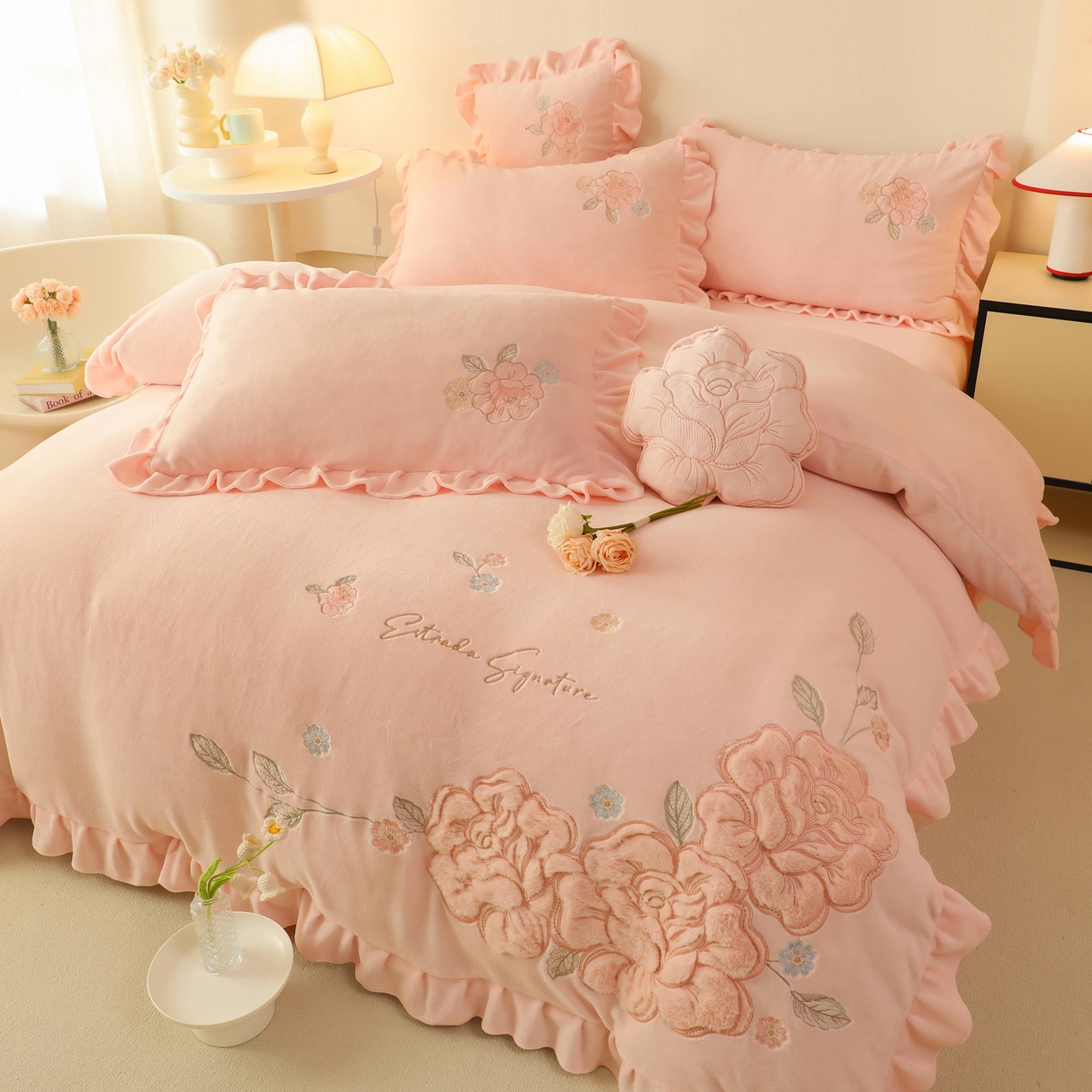 绒棉世家 2025新款贴布绣高克重牛奶绒四件套玫瑰之恋 玫瑰之恋-粉色