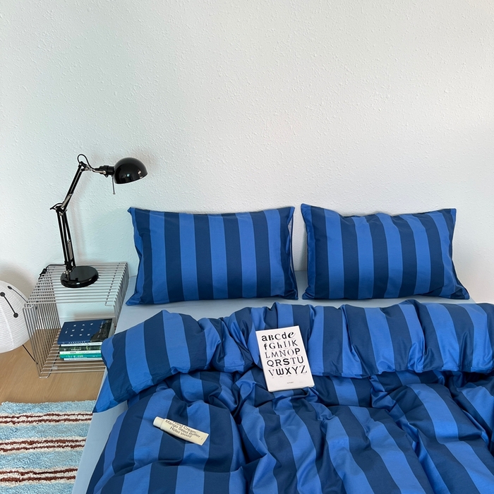 91家纺网 家纺一手货源 找家纺 （总）蜜宿 2025新款亲肤舒适混搭条纹全棉纯棉斜纹四件套-蓝调冰岛