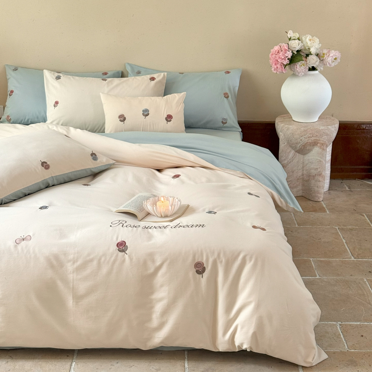 91家纺网 家纺一手货源 找家纺 （总）FORTWO家纺原创设计（FOR TWO家纺） 2025新款50支全棉磨毛绣花四件套-小清新