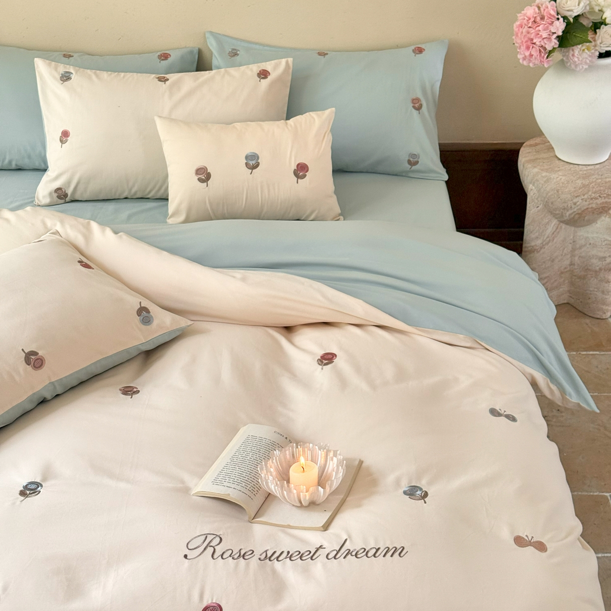 91家纺网 家纺一手货源 找家纺 （总）FORTWO家纺原创设计（FOR TWO家纺） 2025新款50支全棉磨毛绣花四件套-小清新