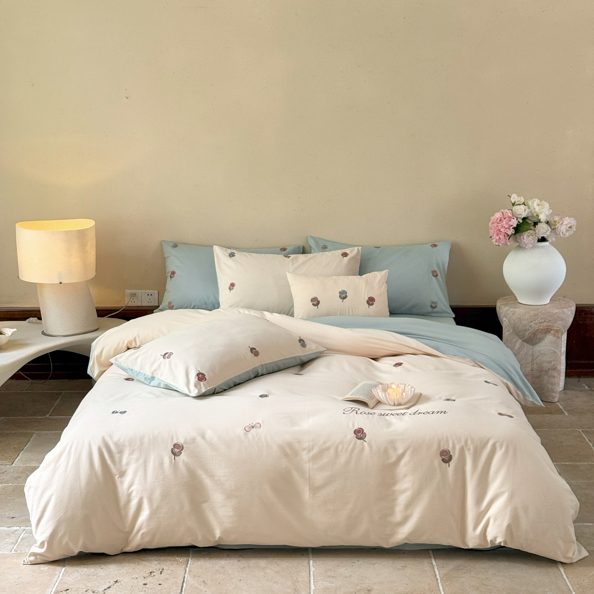 FORTWO家纺原创设计（FOR TWO家纺） 2025新款50支全棉磨毛绣花四件套-小清新 奶油蔷薇