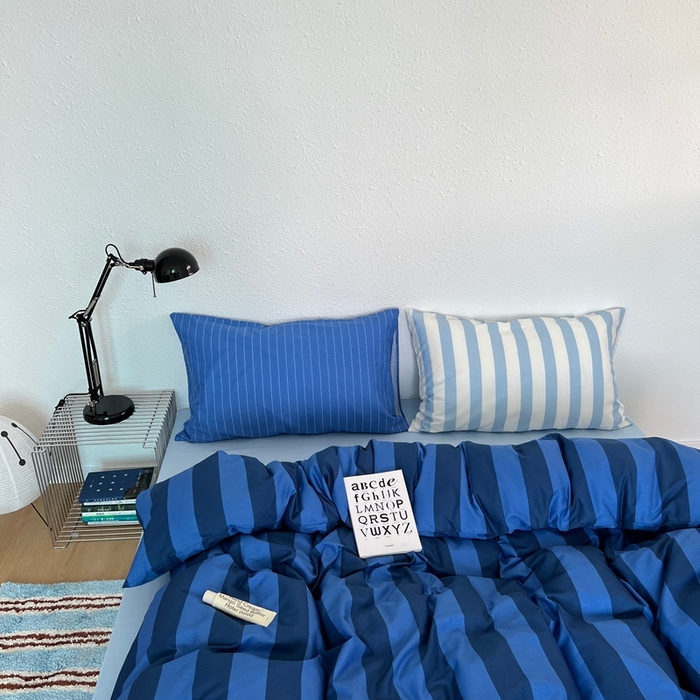 蜜宿 2025新款亲肤舒适混搭条纹全棉纯棉斜纹四件套-蓝调冰岛 蓝调冰岛（月光蓝条+天空蓝条）