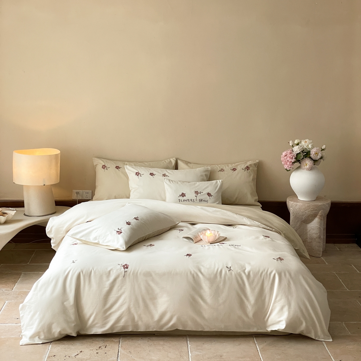 FORTWO家纺原创设计（FOR TWO家纺） 2025新款50支全棉磨毛绣花四件套-小清新 小红花