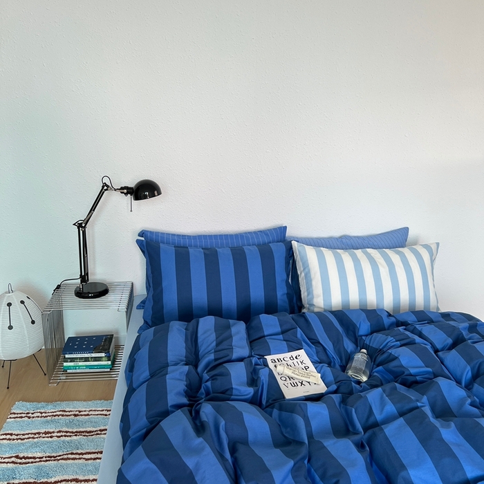 91家纺网 家纺一手货源 找家纺 蜜宿 2025新款亲肤舒适混搭条纹全棉纯棉斜纹四件套-蓝调冰岛 蓝调冰岛（月光蓝条+天空蓝条）