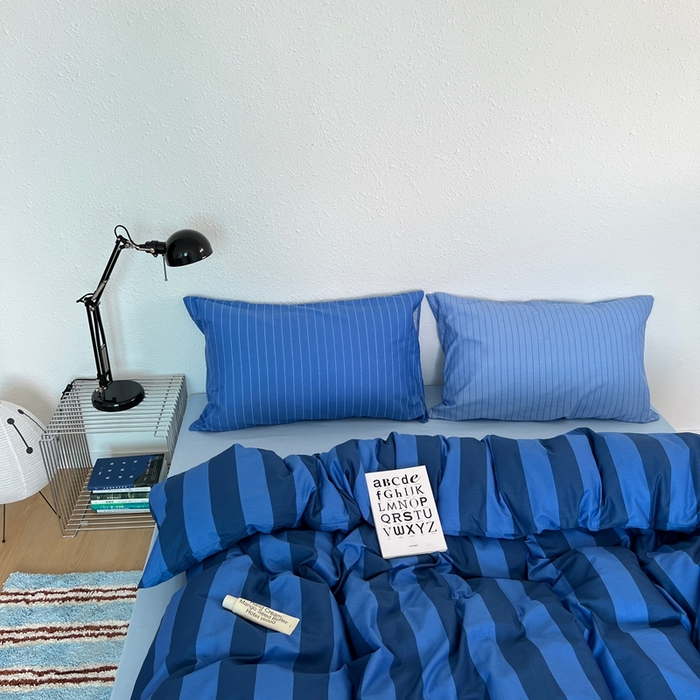蜜宿 2025新款亲肤舒适混搭条纹全棉纯棉斜纹四件套-蓝调冰岛 蓝调冰岛（月光蓝条+冰川蓝条）