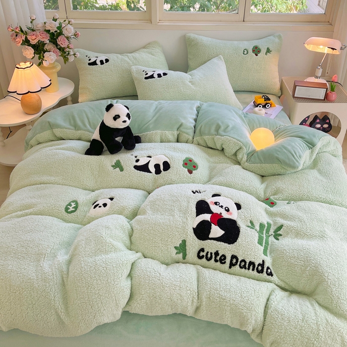 牵依 2025新款羊羔绒牛奶绒毛巾绣四件套 熊猫乐园