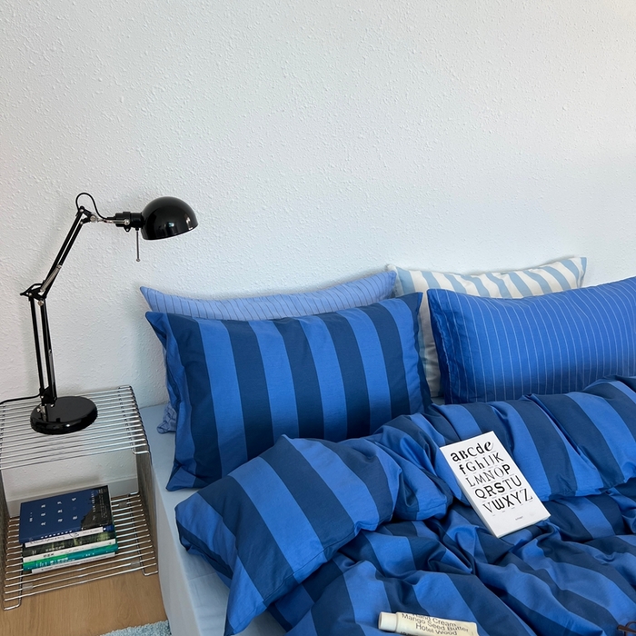 91家纺网 家纺一手货源 找家纺 蜜宿 2025新款亲肤舒适混搭条纹全棉纯棉斜纹四件套-蓝调冰岛 蓝调冰岛（冰川蓝条+天空蓝条）