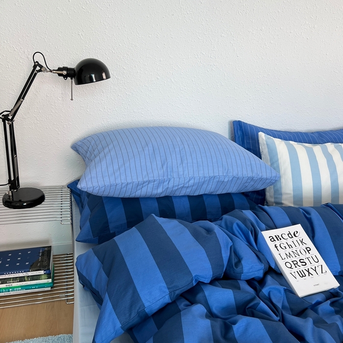 91家纺网 家纺一手货源 找家纺 蜜宿 2025新款亲肤舒适混搭条纹全棉纯棉斜纹四件套-蓝调冰岛 蓝调冰岛（冰川蓝条+天空蓝条）