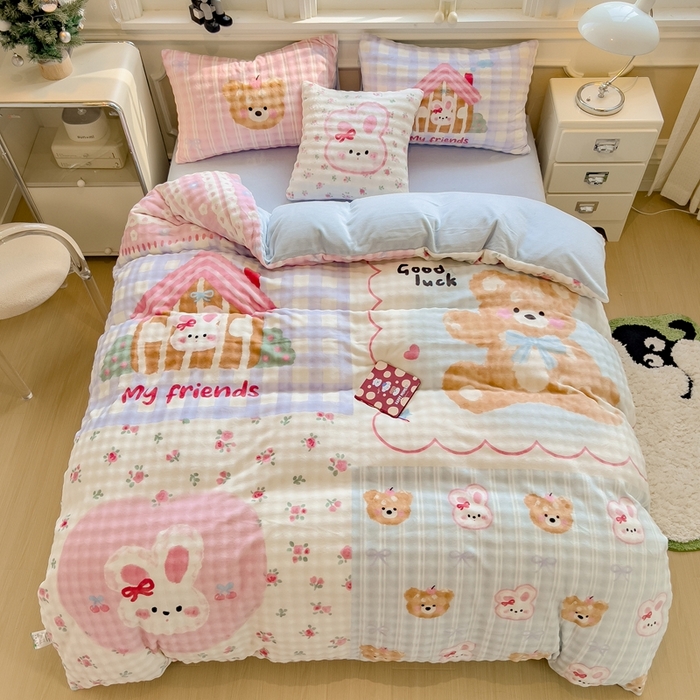 摩妮卡 2025新款亲肤舒适泡泡绒大版卡通印花五件套 大版呆萌伙伴