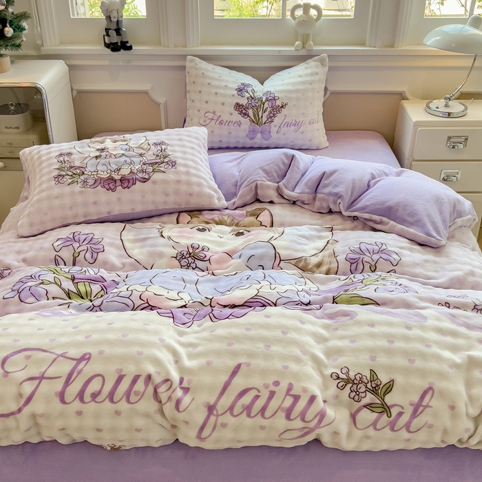 91家纺网 家纺一手货源 找家纺 摩妮卡 2025新款亲肤舒适泡泡绒大版卡通印花五件套 大版猫咪公主