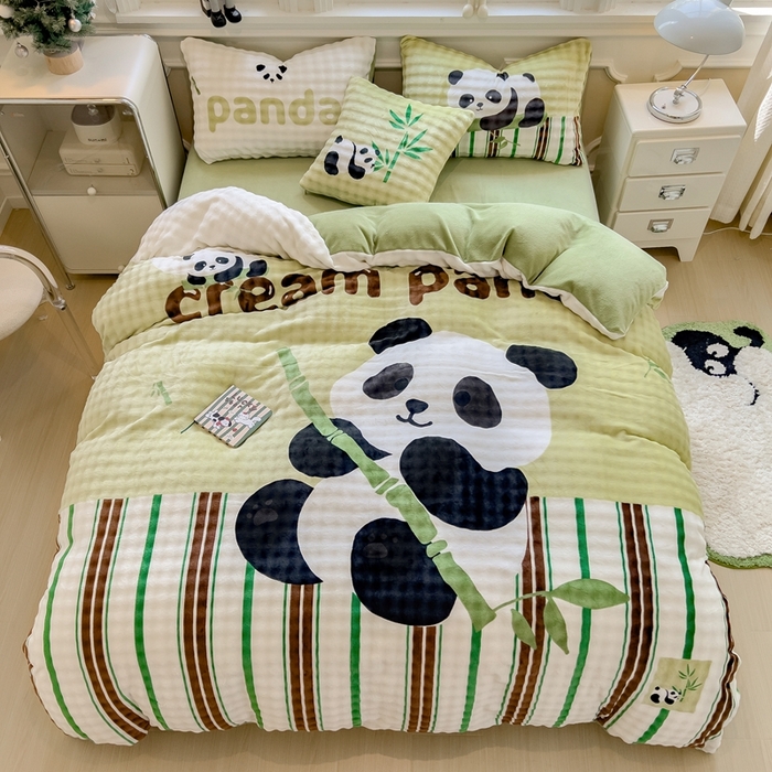 摩妮卡 2025新款亲肤舒适泡泡绒大版卡通印花五件套 大版熊猫抱竹