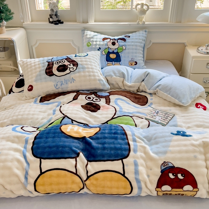 91家纺网 家纺一手货源 找家纺 摩妮卡 2025新款亲肤舒适泡泡绒大版卡通印花五件套 大版眼镜萌狗