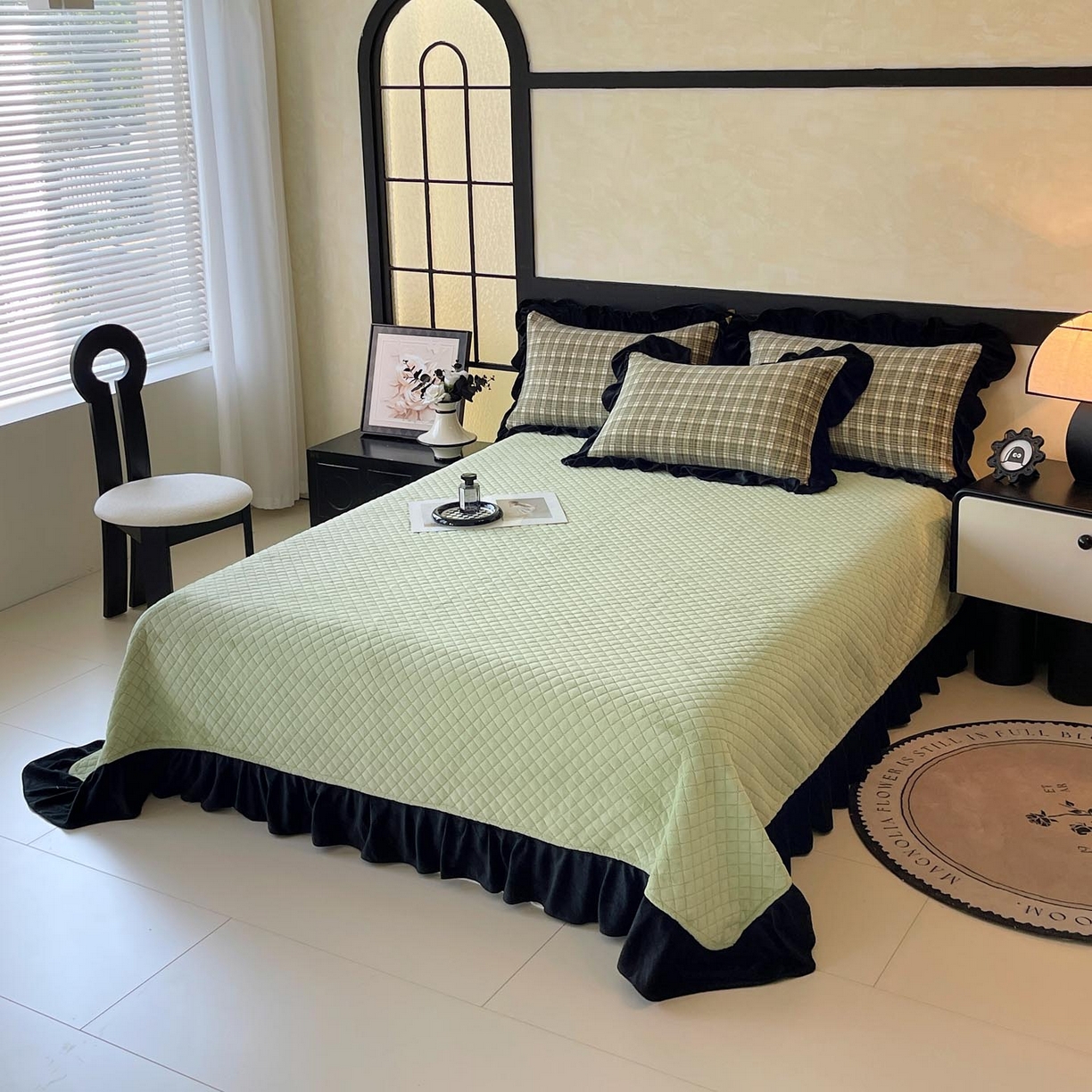 91家纺网 家纺一手货源 找家纺 慕希家纺 2025新款高克重牛奶绒花边床盖款四件套-格律时尚 格律时尚-绿