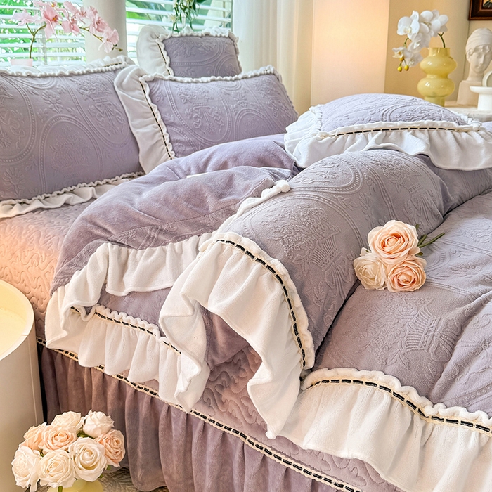 花香四季家纺 2025新款A类雕花绒夹棉床盖款四件套-浪漫花语 浪漫花语-优雅紫