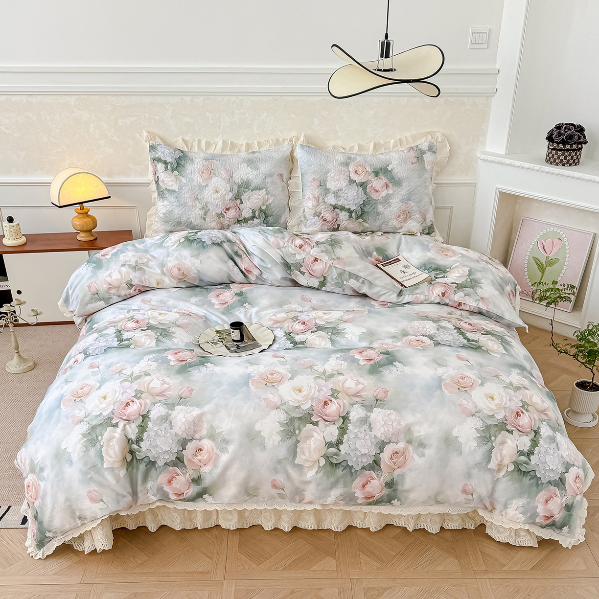 91家纺网 家纺一手货源 找家纺 冬然家纺 2025新款纯棉数码印花工艺款床盖四件套 梦幻花镜