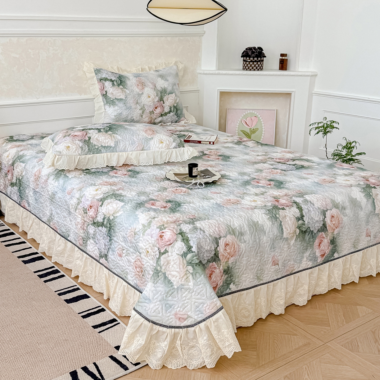 91家纺网 家纺一手货源 找家纺 冬然家纺 2025新款纯棉数码印花工艺款床盖四件套 梦幻花镜