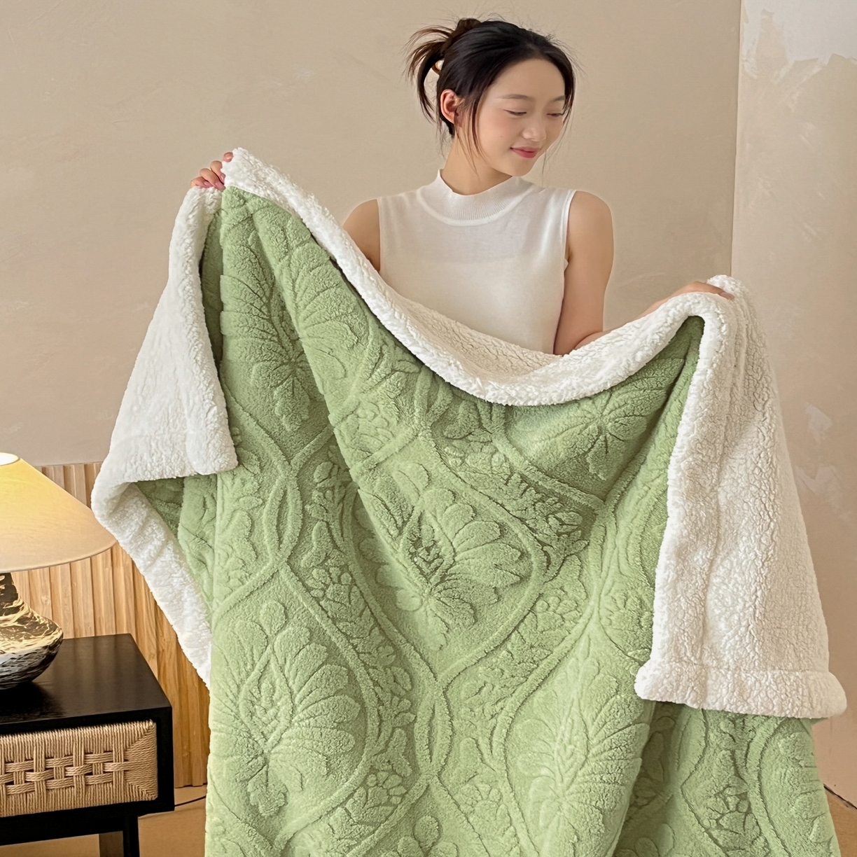 91家纺网 家纺一手货源 找家纺 乐家欣 2025新款提塔芙绒绒羊羔绒毛毯-繁花 繁花-复古绿