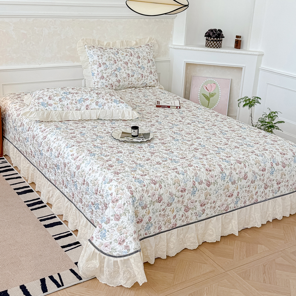 91家纺网 家纺一手货源 找家纺 冬然家纺 2025新款纯棉数码印花工艺款床盖四件套 田园花梦