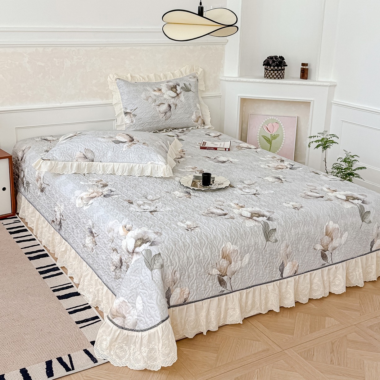 91家纺网 家纺一手货源 找家纺 冬然家纺 2025新款纯棉数码印花工艺款床盖四件套 玉兰花