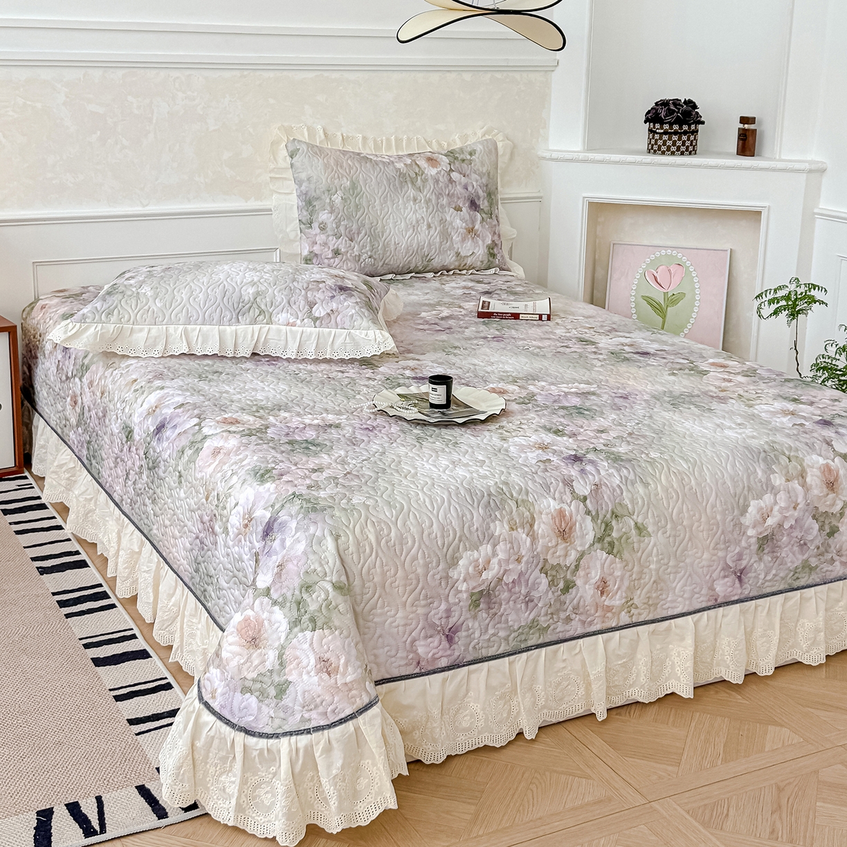 91家纺网 家纺一手货源 找家纺 冬然家纺 2025新款纯棉数码印花工艺款床盖四件套 珍爱花语