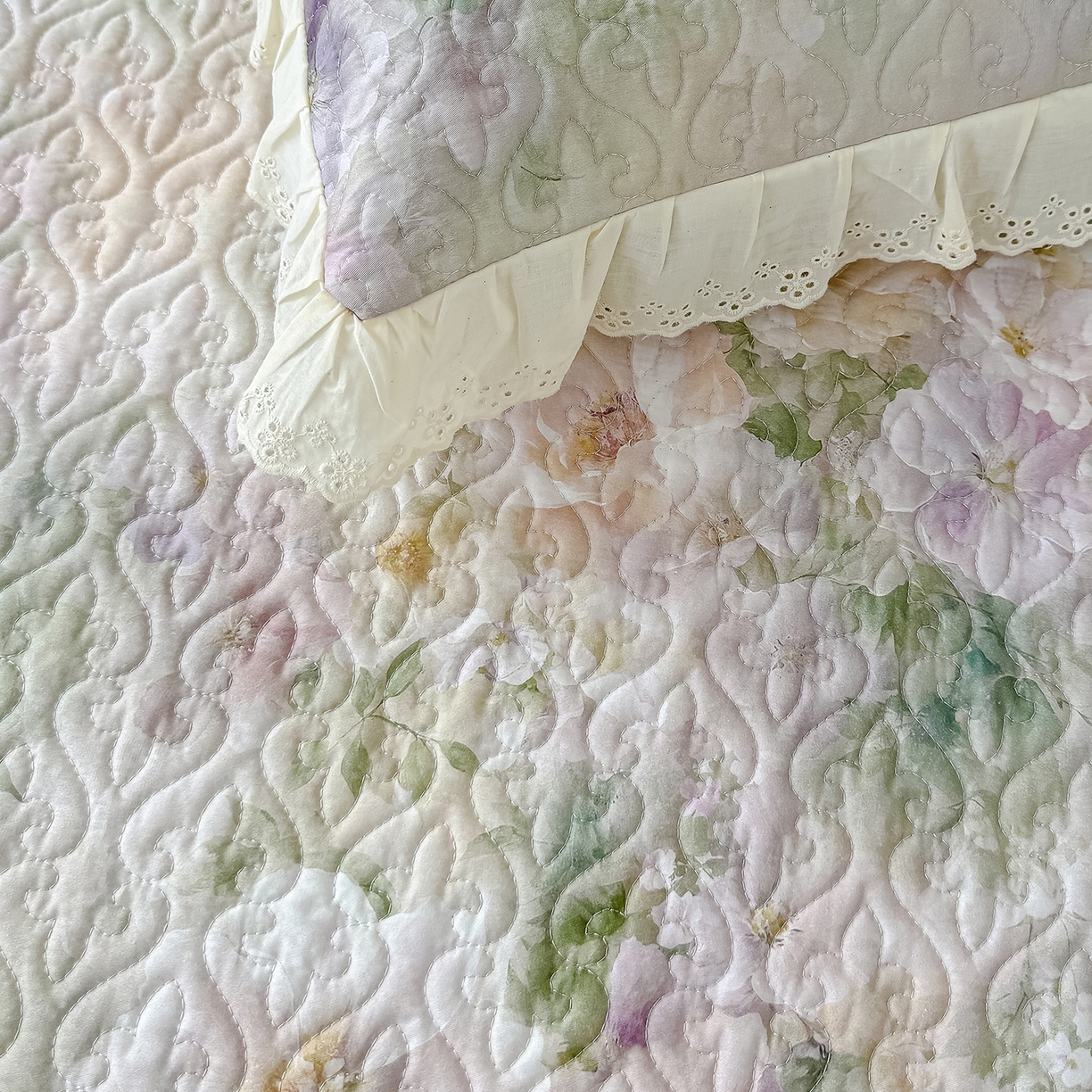 91家纺网 家纺一手货源 找家纺 冬然家纺 2025新款纯棉数码印花工艺款床盖四件套 珍爱花语