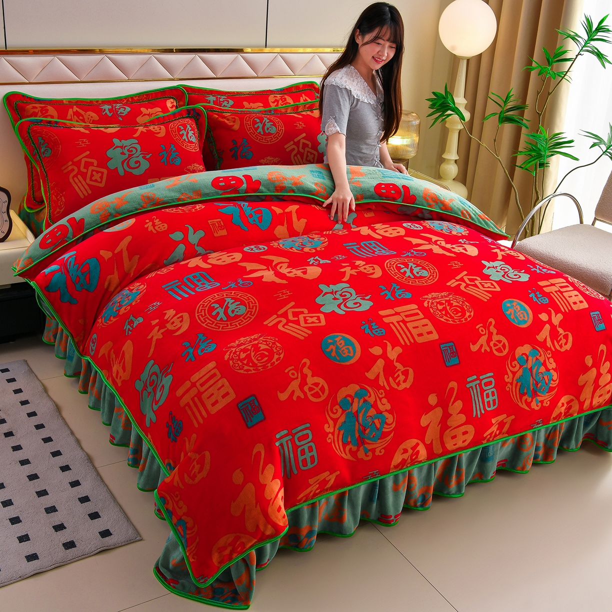 91家纺网 家纺一手货源 找家纺 （总）赫本 2025新品8斤爆品牛奶绒四件套床裙款金雕绒法莱绒四套件