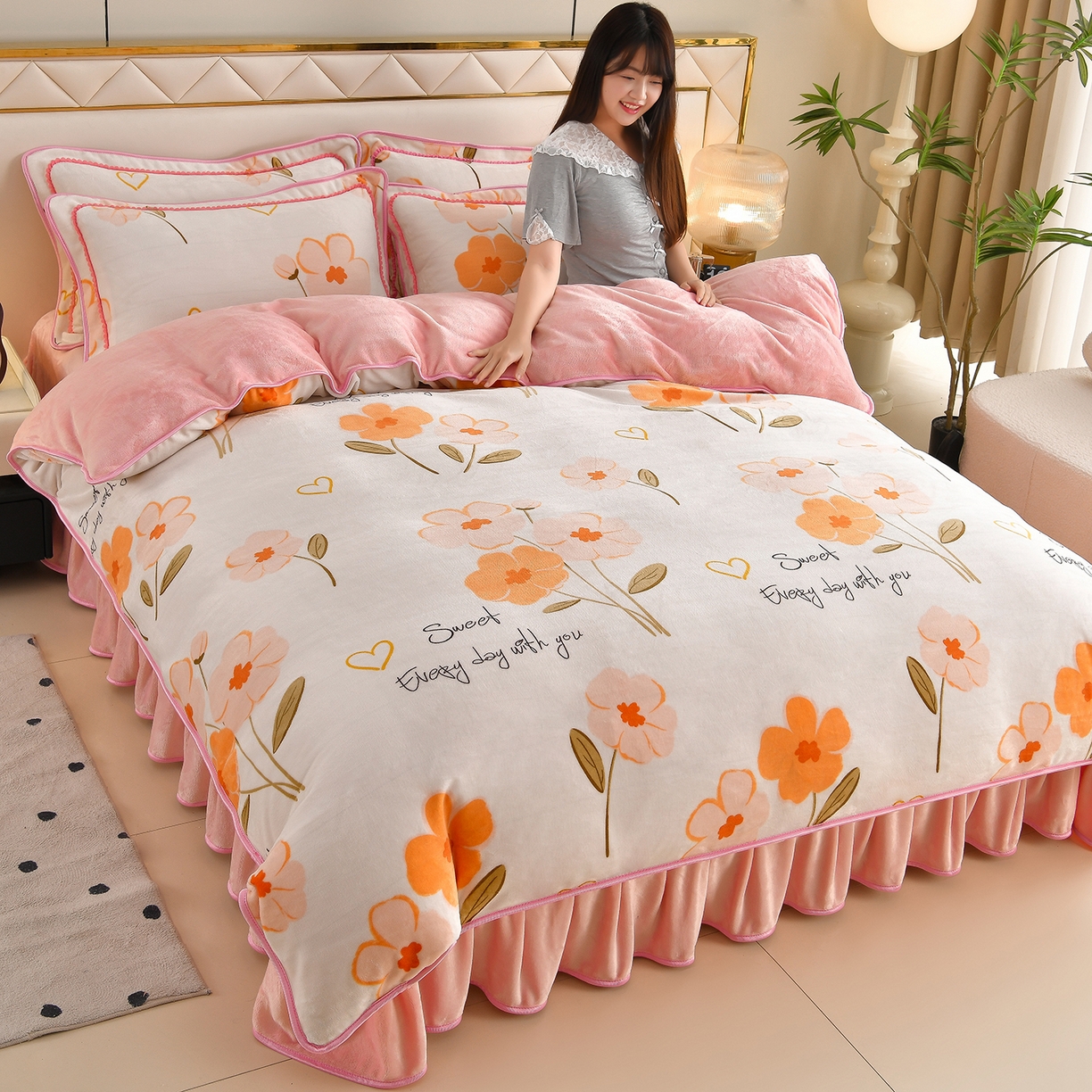 91家纺网 家纺一手货源 找家纺 （总）赫本 2025新品8斤爆品牛奶绒四件套床裙款金雕绒法莱绒四套件