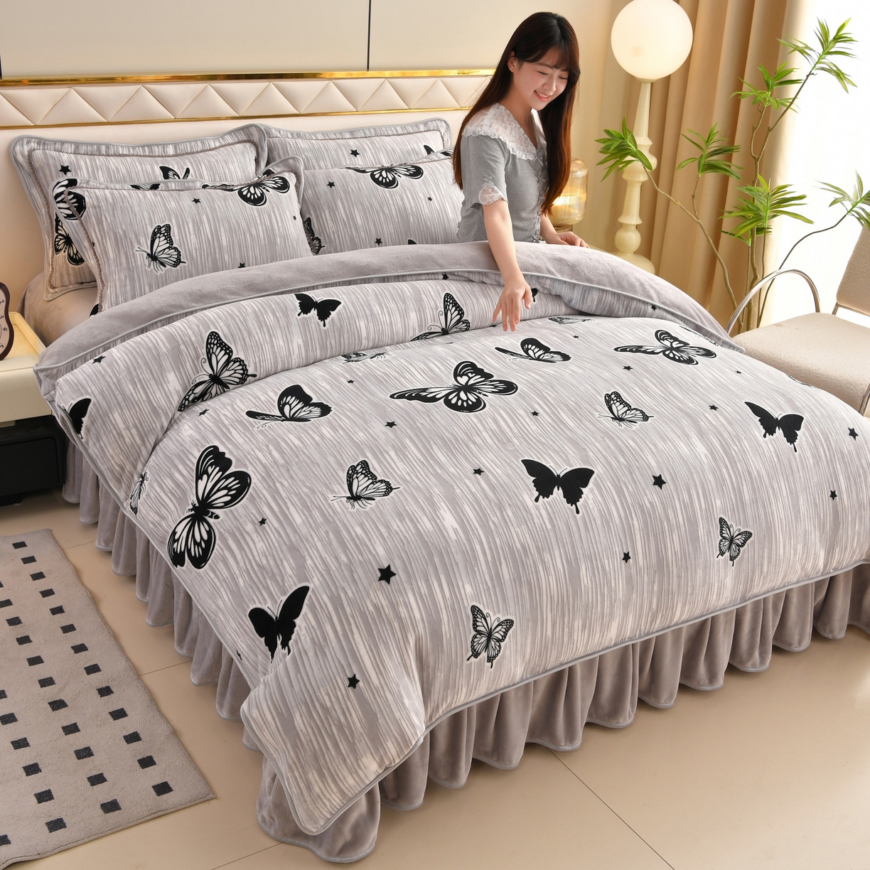 91家纺网 家纺一手货源 找家纺 （总）赫本 2025新品8斤爆品牛奶绒四件套床裙款金雕绒法莱绒四套件