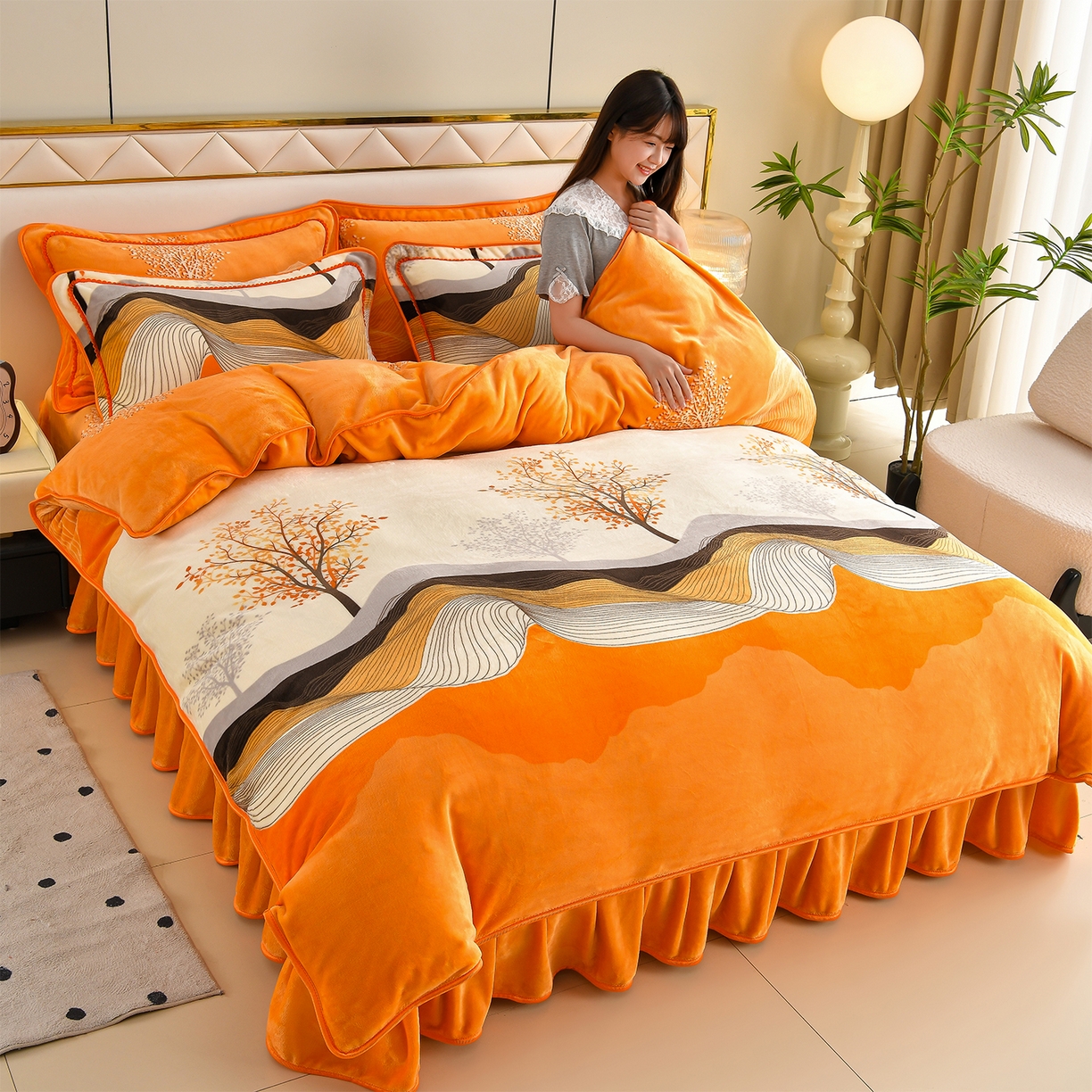 91家纺网 家纺一手货源 找家纺 （总）赫本 2025新品8斤爆品牛奶绒四件套床裙款金雕绒法莱绒四套件