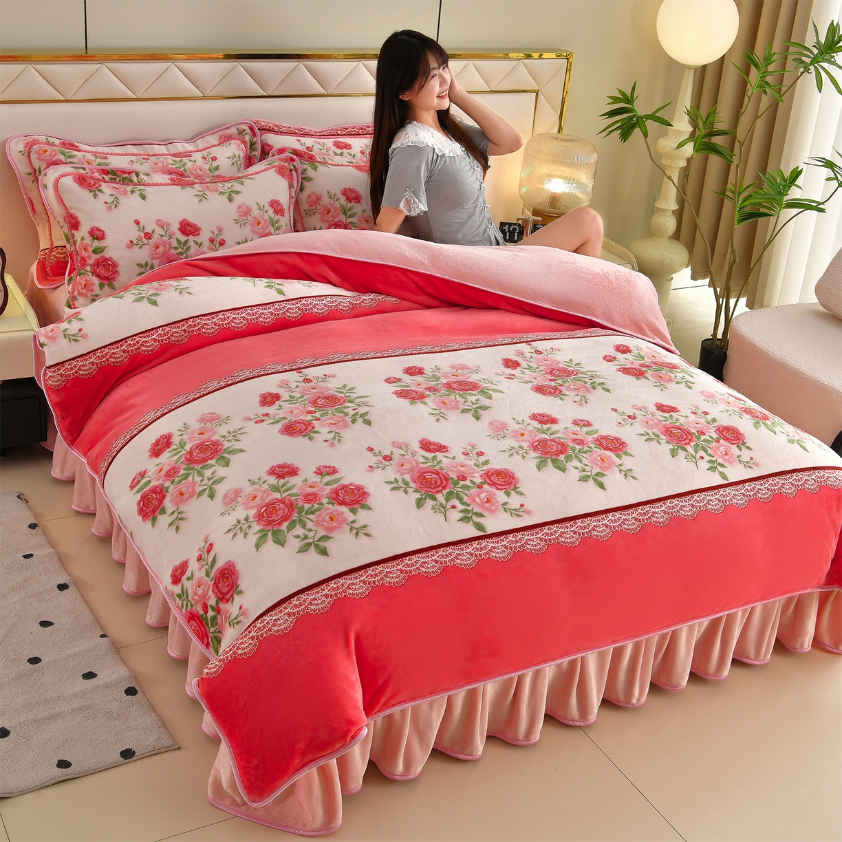 91家纺网 家纺一手货源 找家纺 （总）赫本 2025新品8斤爆品牛奶绒四件套床裙款金雕绒法莱绒四套件