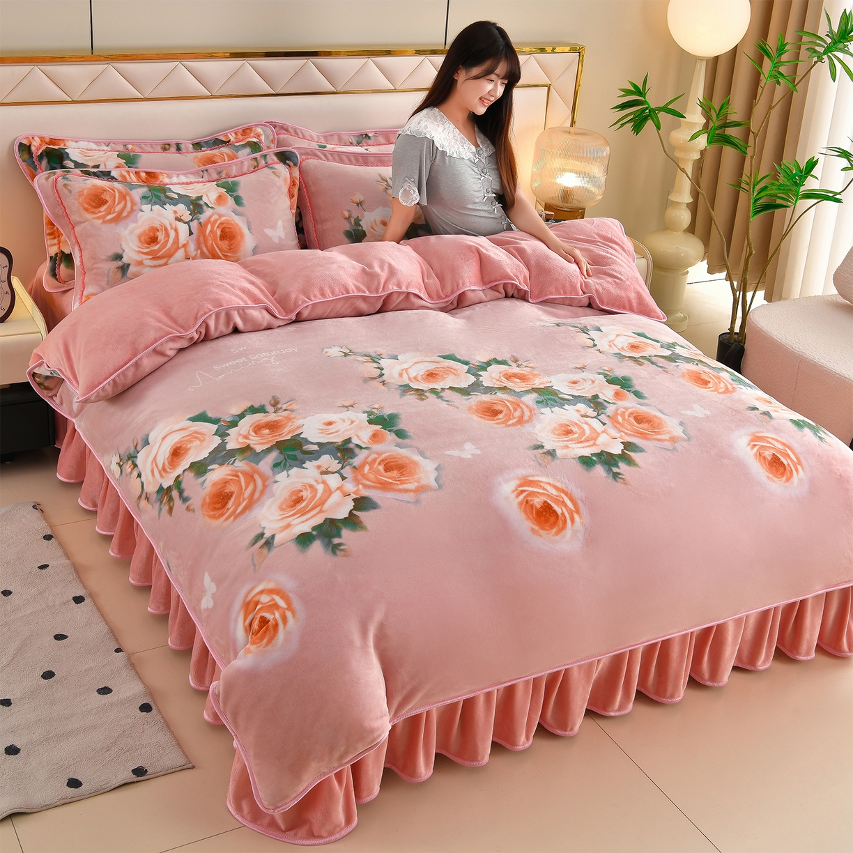 91家纺网 家纺一手货源 找家纺 （总）赫本 2025新品8斤爆品牛奶绒四件套床裙款金雕绒法莱绒四套件